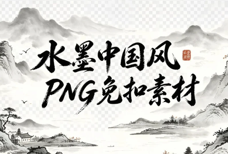 图片[1]-水墨中国风PNG免扣素材，山水花草+植物建筑一键调用-酷软